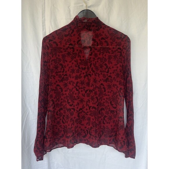 Apt. 9 Red Sheer Mesh Button Up Blouse M Floral Bell Sleeve Ruffle Whimsygoth - Picture 4 of 6